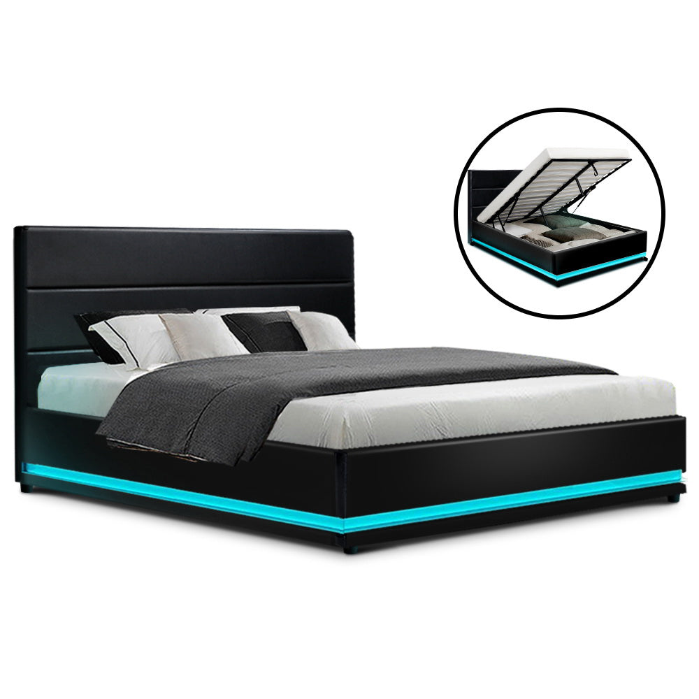 Beds & Bed Frames: Artiss Bed Frame Double Size LED Gas Lift Black LUMI