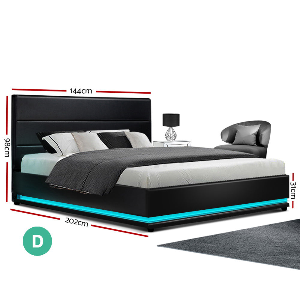 Beds & Bed Frames: Artiss Bed Frame Double Size LED Gas Lift Black LUMI