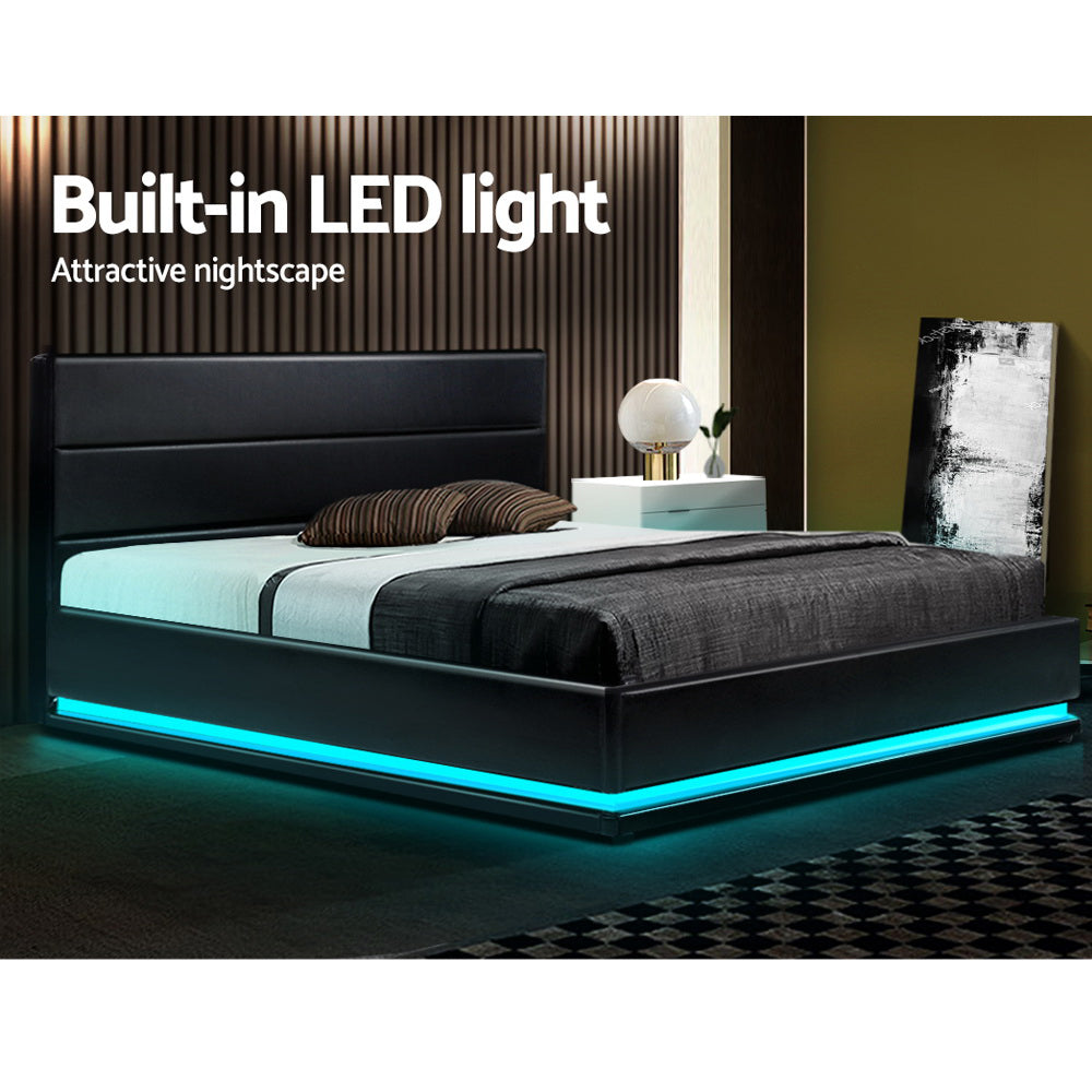 Beds & Bed Frames: Artiss Bed Frame Double Size LED Gas Lift Black LUMI