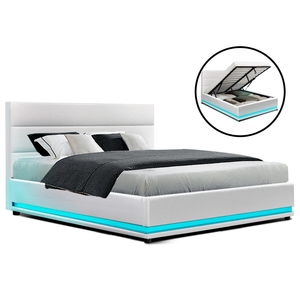 Beds & Bed Frames: Artiss Bed Frame Double Size LED Gas Lift White LUMI