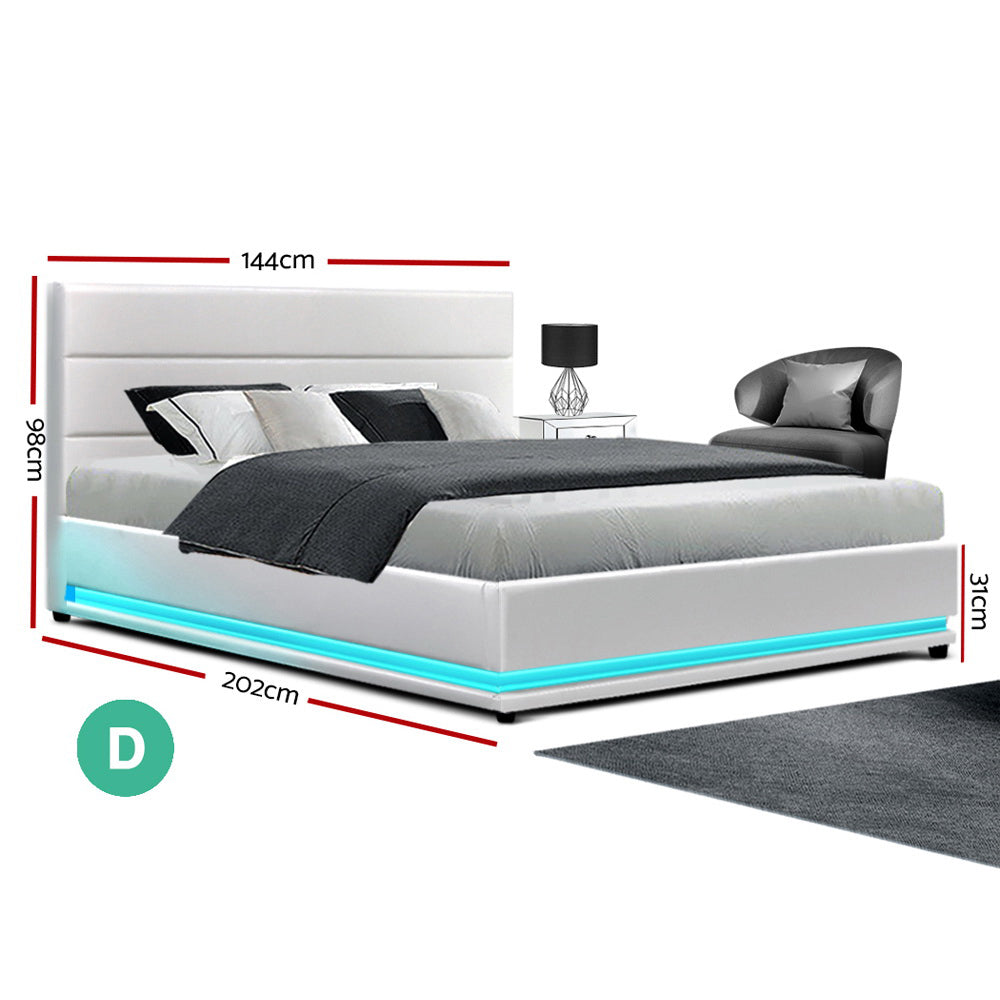 Beds & Bed Frames: Artiss Bed Frame Double Size LED Gas Lift White LUMI