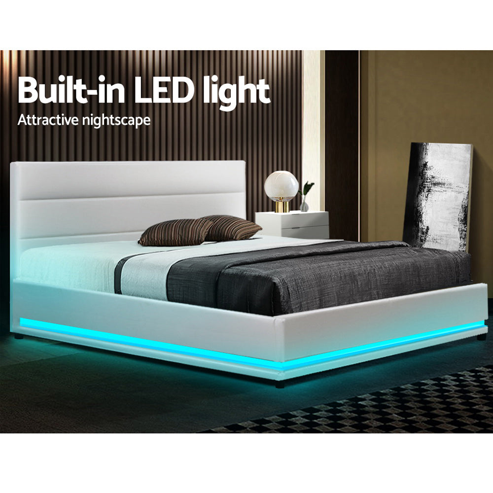 Beds & Bed Frames: Artiss Bed Frame Double Size LED Gas Lift White LUMI