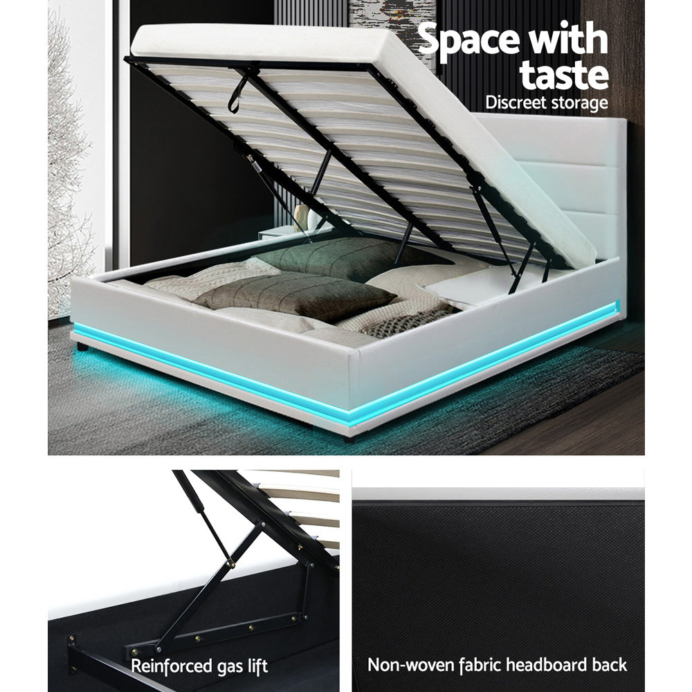 Beds & Bed Frames: Artiss Bed Frame Double Size LED Gas Lift White LUMI
