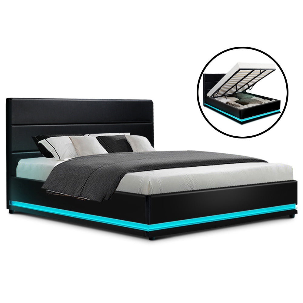 Beds & Bed Frames: Artiss Bed Frame King Size LED Gas Lift Black LUMI