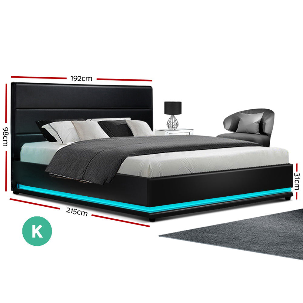 Beds & Bed Frames: Artiss Bed Frame King Size LED Gas Lift Black LUMI