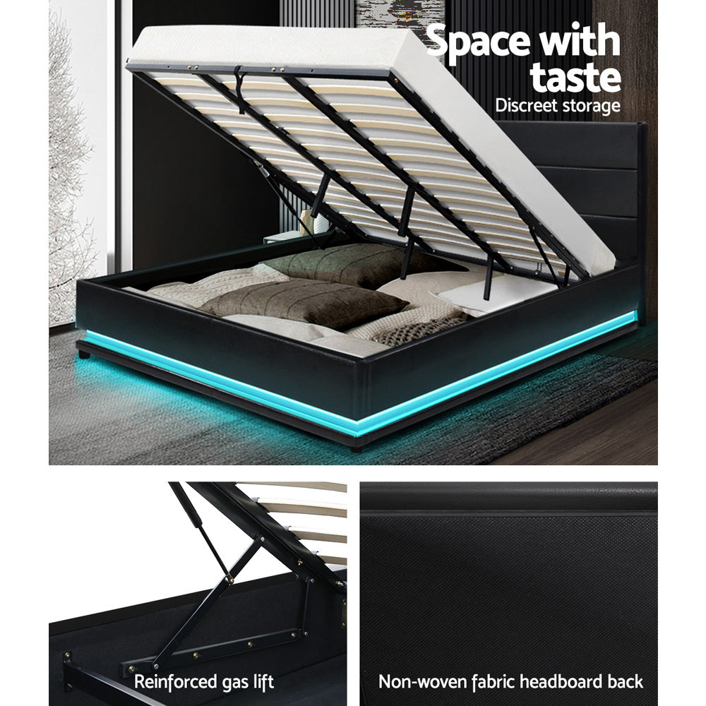 Beds & Bed Frames: Artiss Bed Frame King Size LED Gas Lift Black LUMI