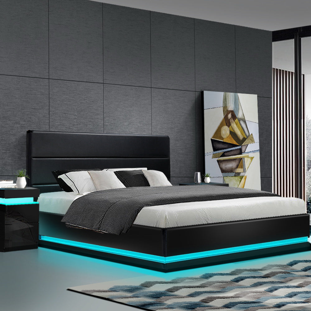 Beds & Bed Frames: Artiss Bed Frame King Size LED Gas Lift Black LUMI