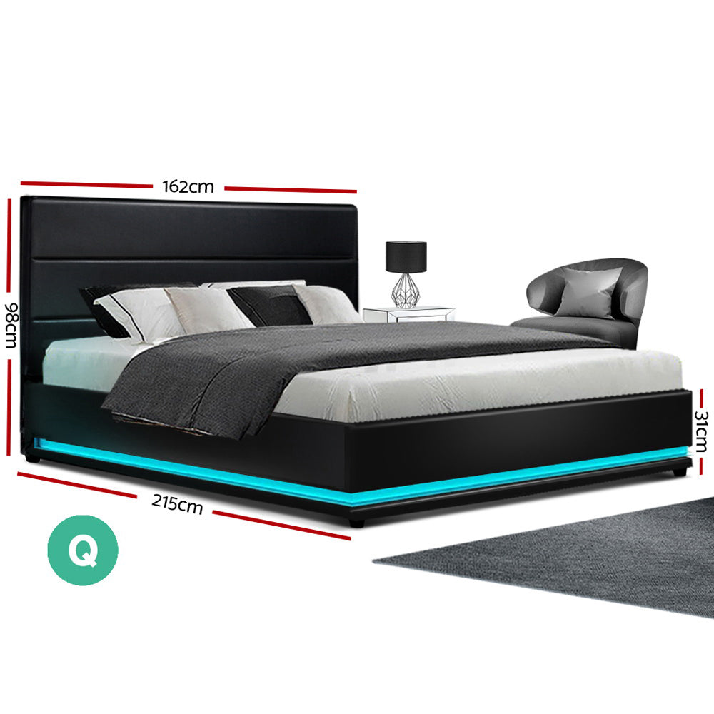 Beds & Bed Frames: Artiss Bed Frame Queen Size LED Gas Lift Black LUMI