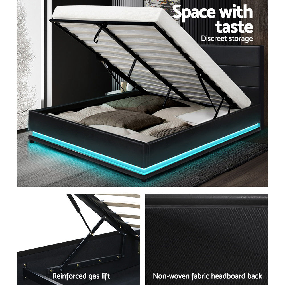 Beds & Bed Frames: Artiss Bed Frame Queen Size LED Gas Lift Black LUMI