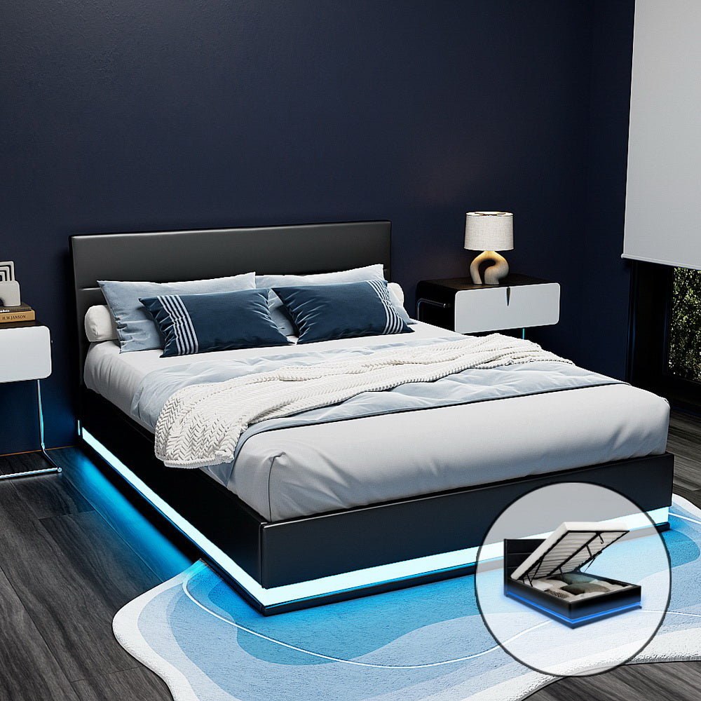 Beds & Bed Frames: Artiss Bed Frame Queen Size LED Gas Lift Black LUMI