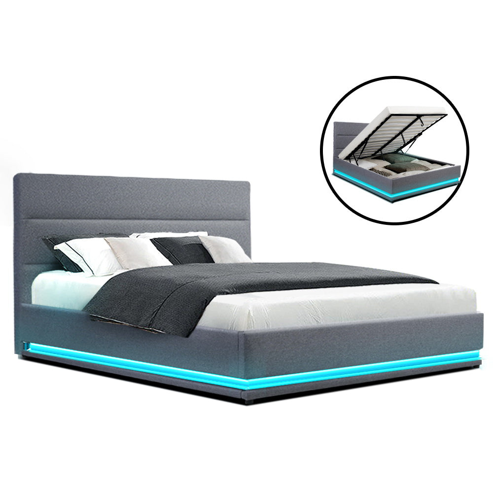 Beds & Bed Frames: Artiss Bed Frame Queen Size LED Gas Lift Grey LUMI