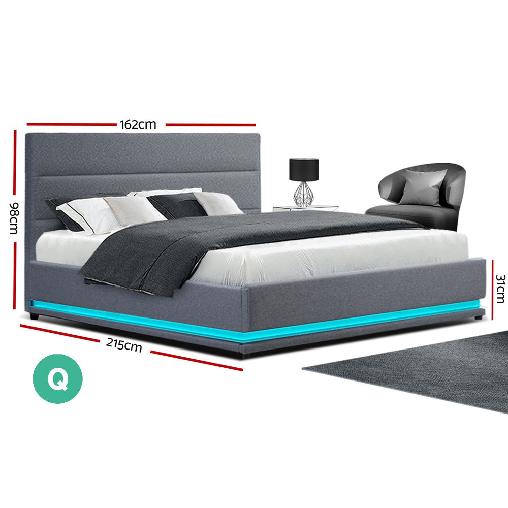 Beds & Bed Frames: Artiss Bed Frame Queen Size LED Gas Lift Grey LUMI