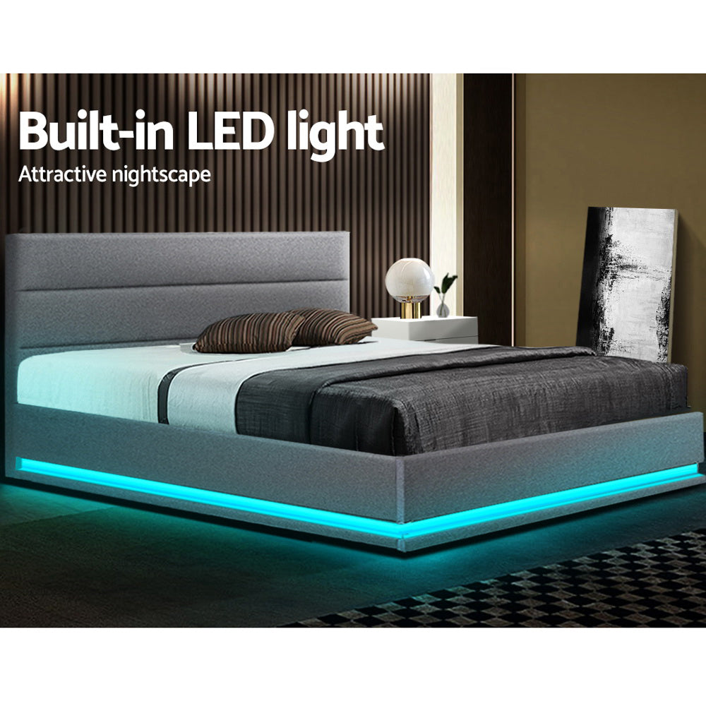 Beds & Bed Frames: Artiss Bed Frame Queen Size LED Gas Lift Grey LUMI