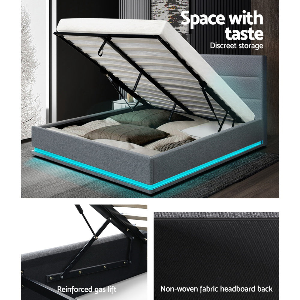 Beds & Bed Frames: Artiss Bed Frame Queen Size LED Gas Lift Grey LUMI