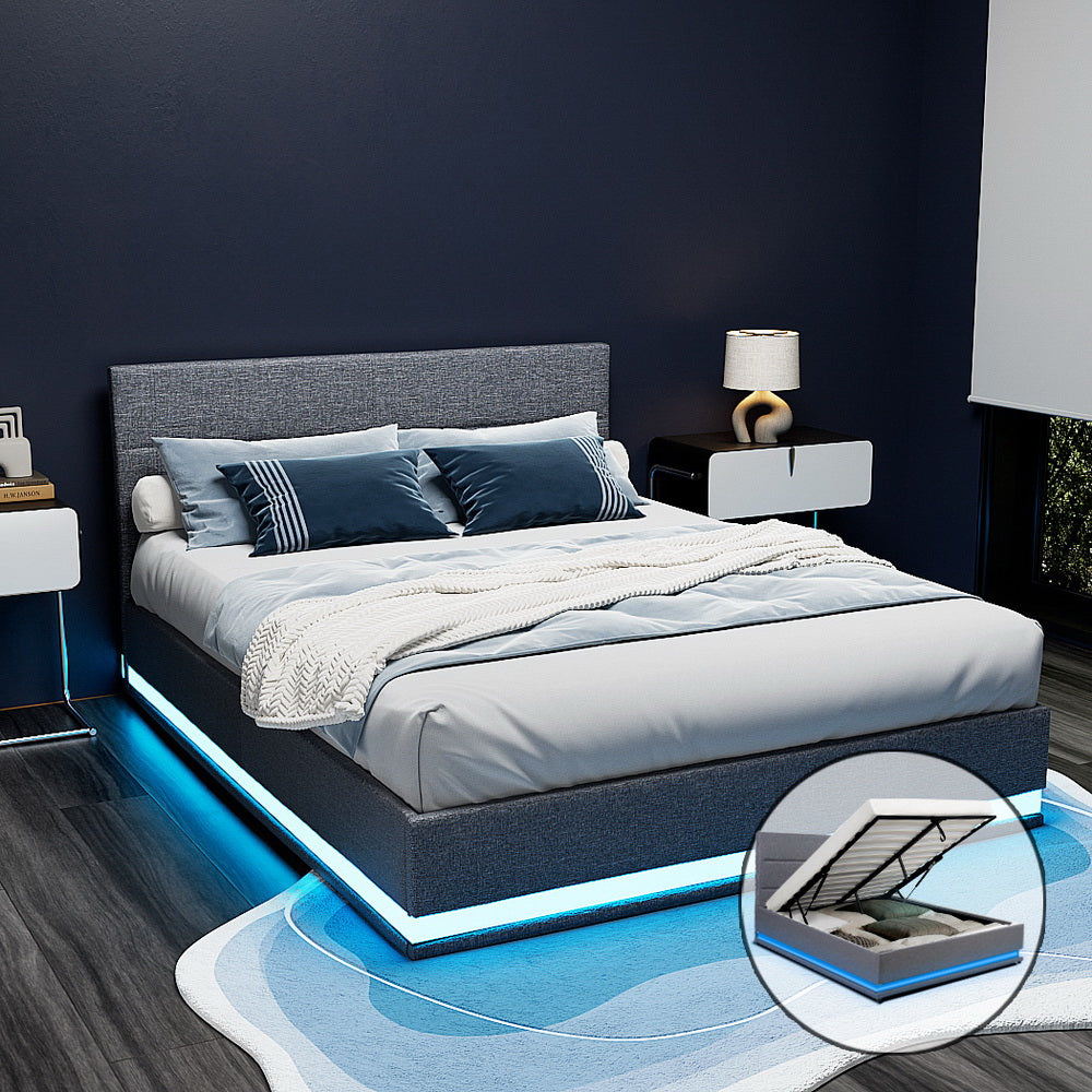 Beds & Bed Frames: Artiss Bed Frame Queen Size LED Gas Lift Grey LUMI
