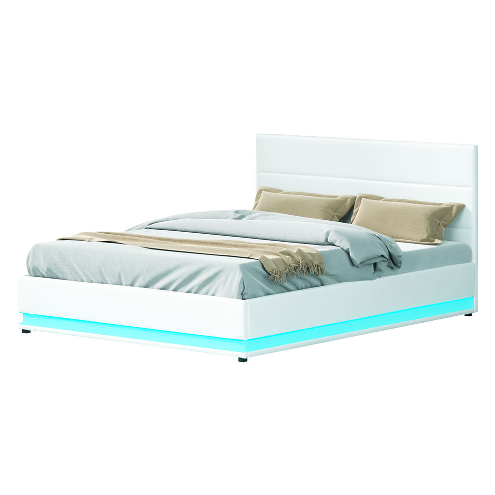 Beds & Bed Frames: Artiss Bed Frame Queen Size LED Gas Lift White LUMI