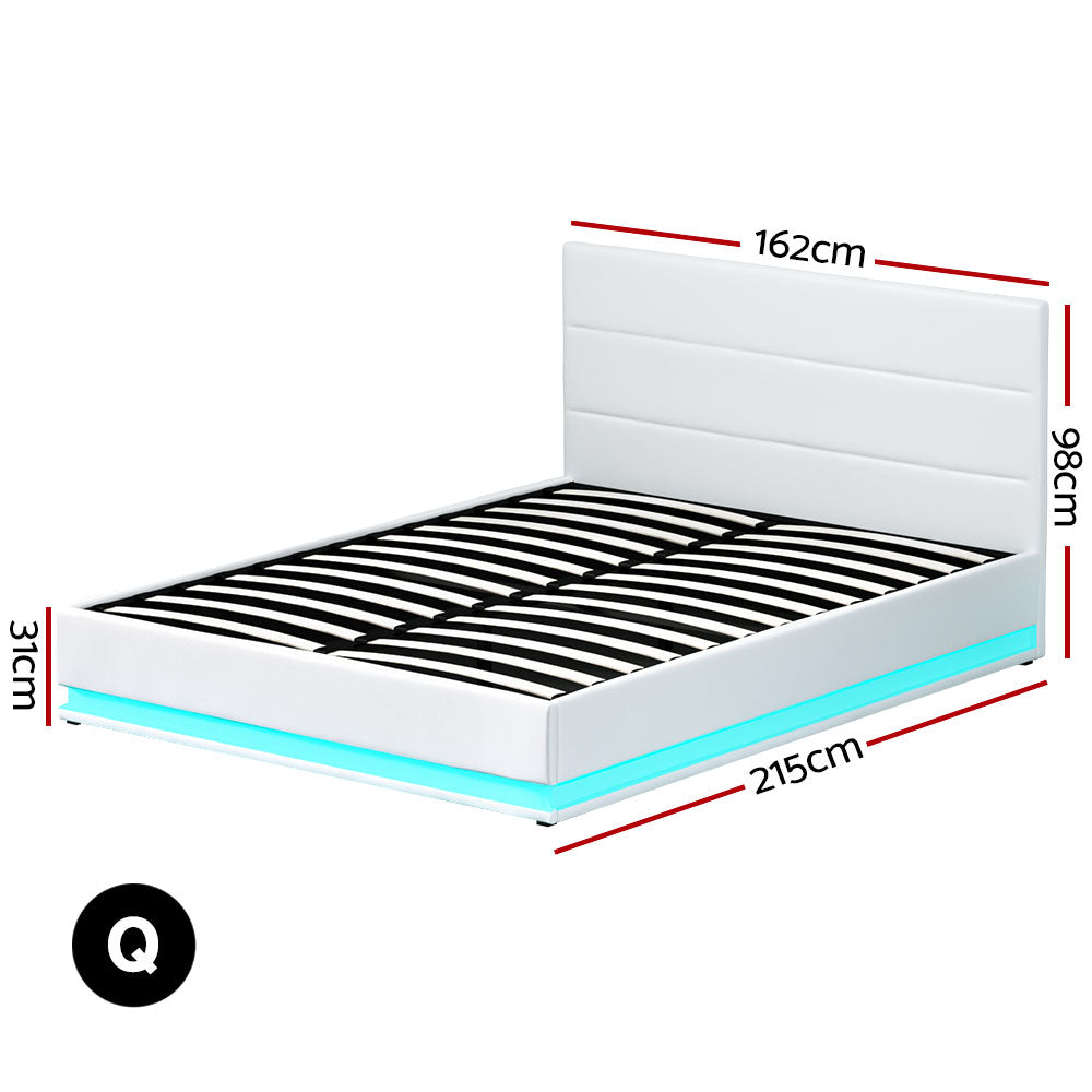 Beds & Bed Frames: Artiss Bed Frame Queen Size LED Gas Lift White LUMI