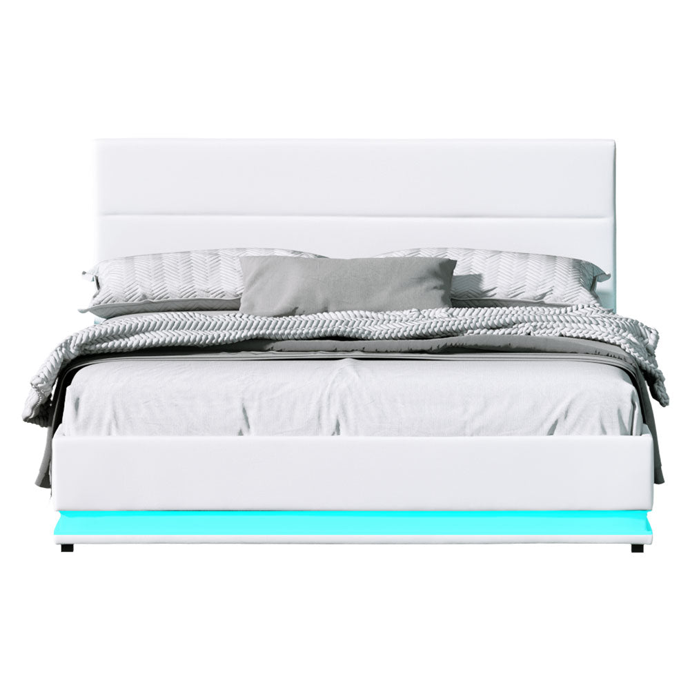 Beds & Bed Frames: Artiss Bed Frame Queen Size LED Gas Lift White LUMI