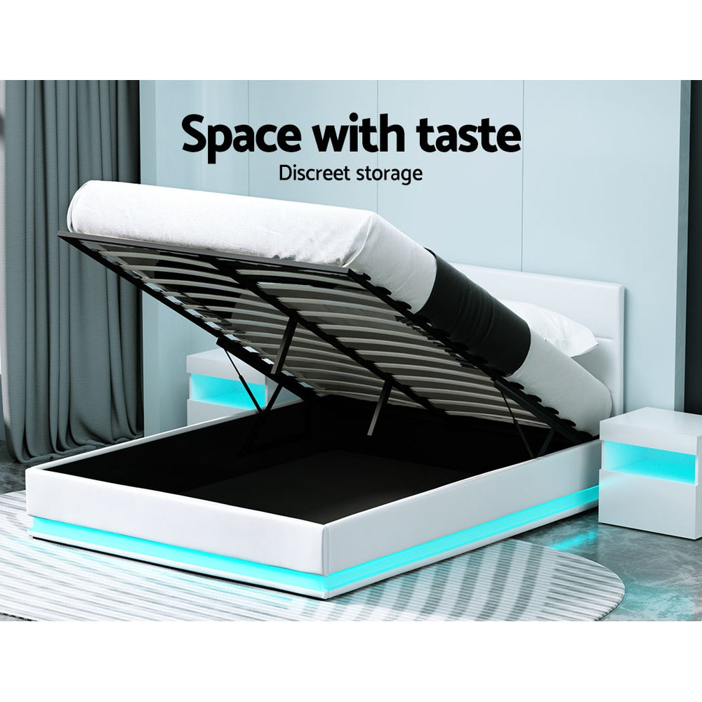Beds & Bed Frames: Artiss Bed Frame Queen Size LED Gas Lift White LUMI