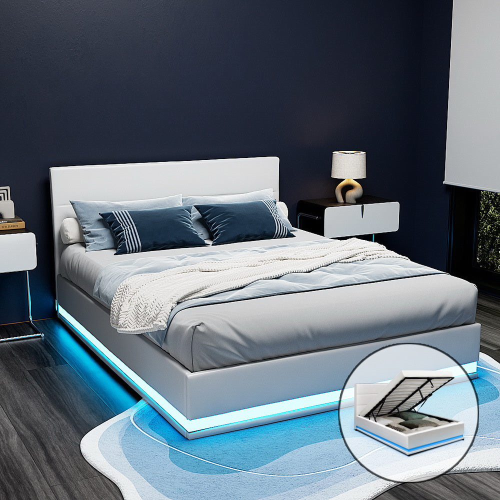 Beds & Bed Frames: Artiss Bed Frame Queen Size LED Gas Lift White LUMI