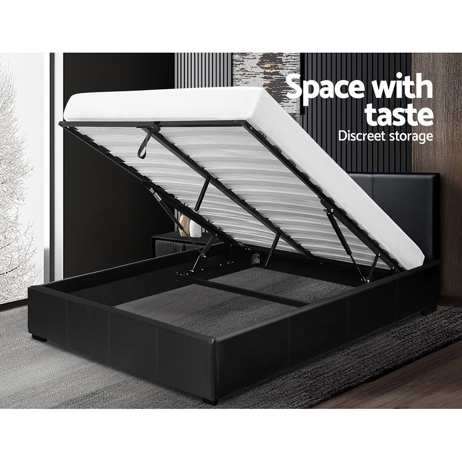 Beds & Bed Frames: Artiss Bed Frame Queen Size Gas Lift Black NINO