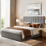 Beds & Bed Frames: Artiss Double Bed Frame with Storage Grey Velvet Headboard Gas Lift Platform Base
