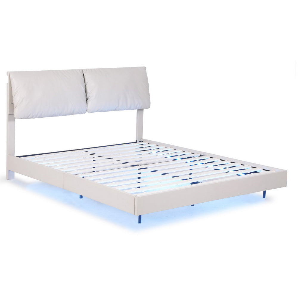 Beds & Bed Frames: Artiss Queen Bed Frame RGB LED Floating Beds Adjustable Headboard Beige White