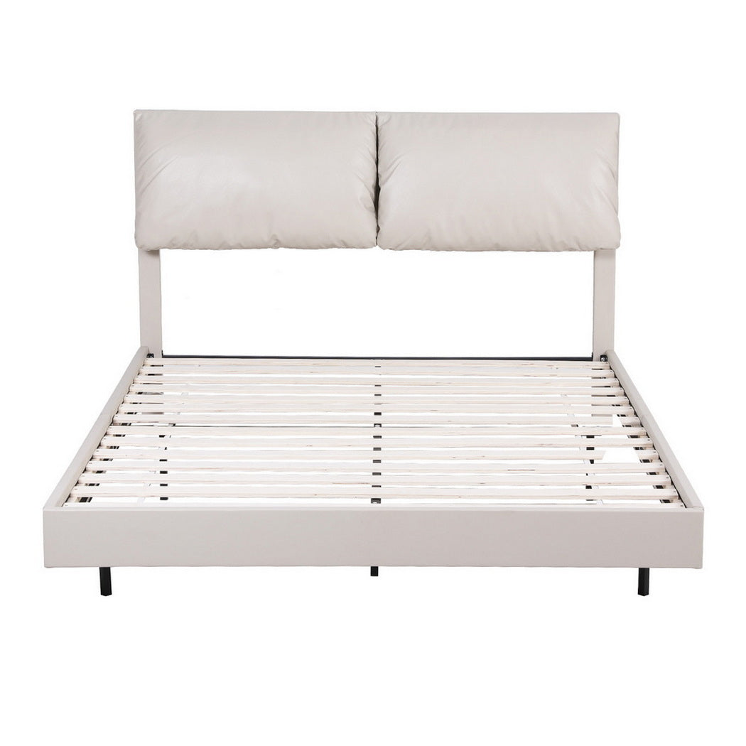 Beds & Bed Frames: Artiss Queen Bed Frame RGB LED Floating Beds Adjustable Headboard Beige White
