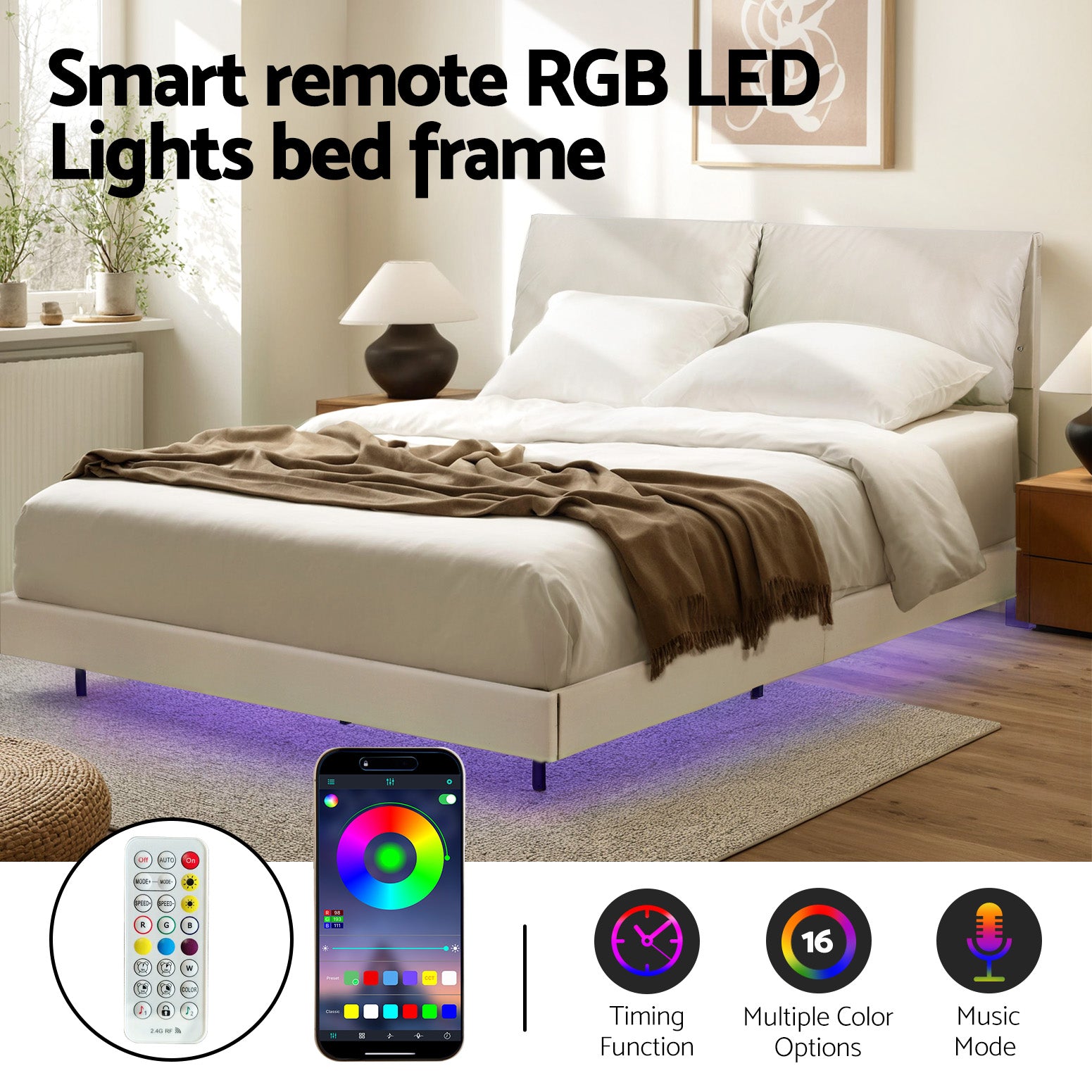 Beds & Bed Frames: Artiss Queen Bed Frame RGB LED Floating Beds Adjustable Headboard Beige White