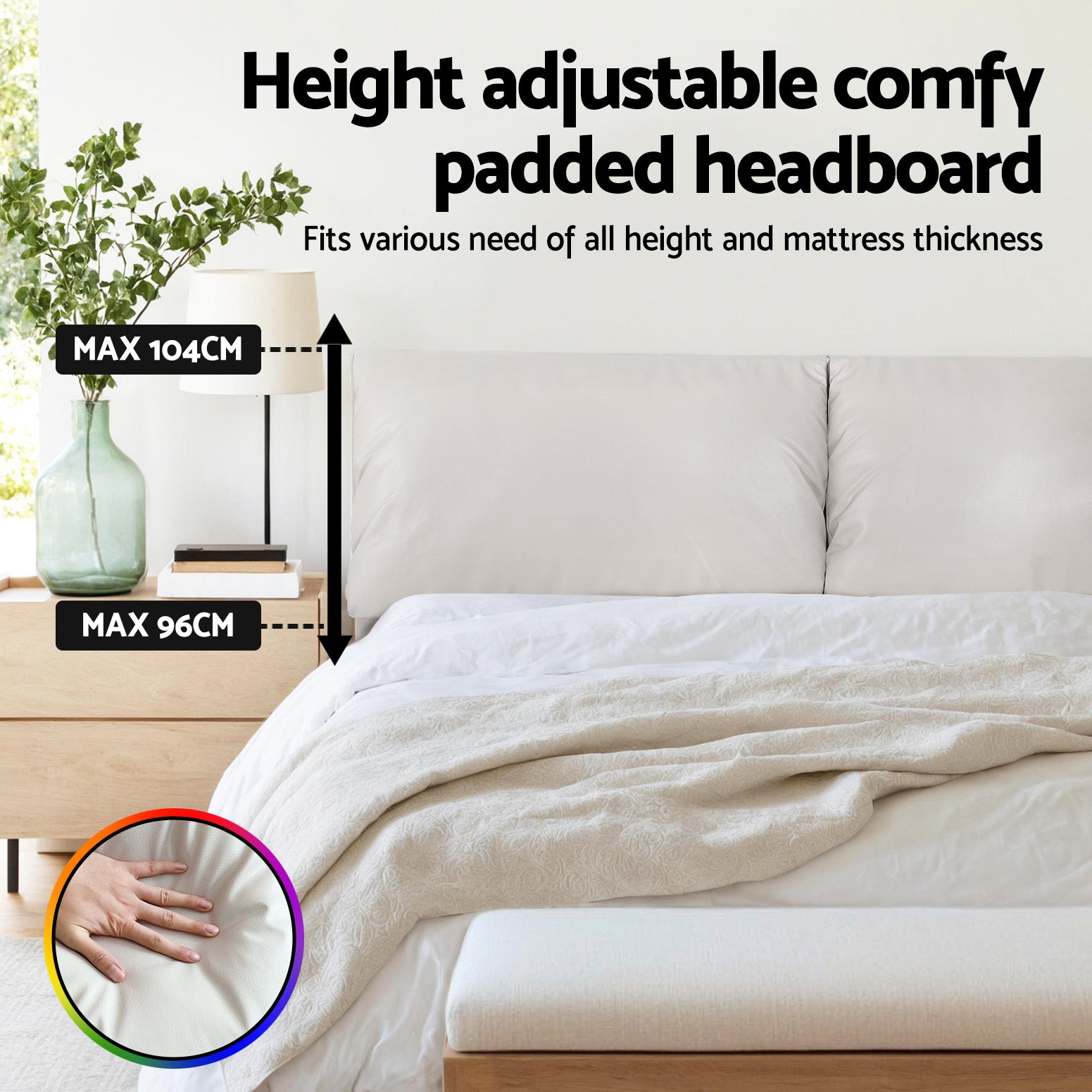 Beds & Bed Frames: Artiss Queen Bed Frame RGB LED Floating Beds Adjustable Headboard Beige White