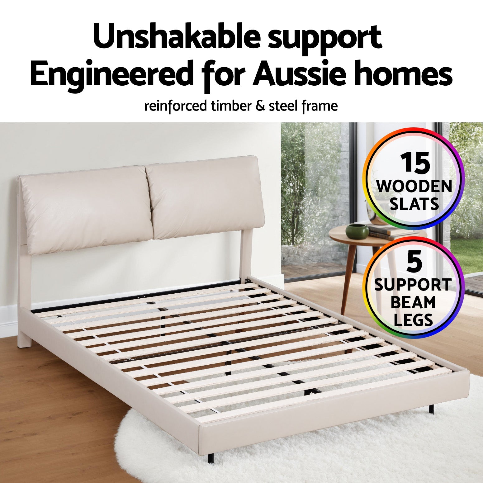 Beds & Bed Frames: Artiss Queen Bed Frame RGB LED Floating Beds Adjustable Headboard Beige White