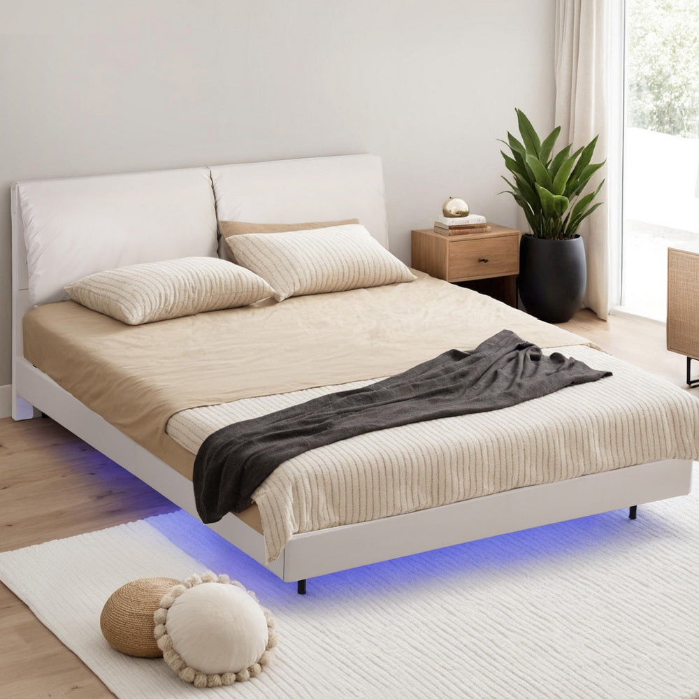 Beds & Bed Frames: Artiss Queen Bed Frame RGB LED Floating Beds Adjustable Headboard Beige White