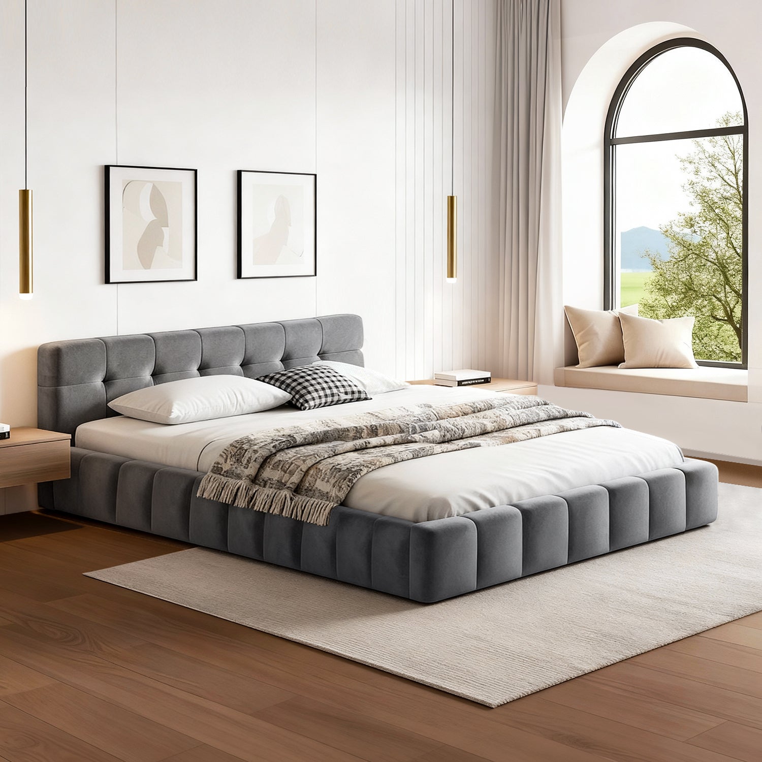 Beds & Bed Frames: Artiss Double Size Bed Frame Plush Soft Headboard Velvet Platform Base for Modern Bedrooms Grey