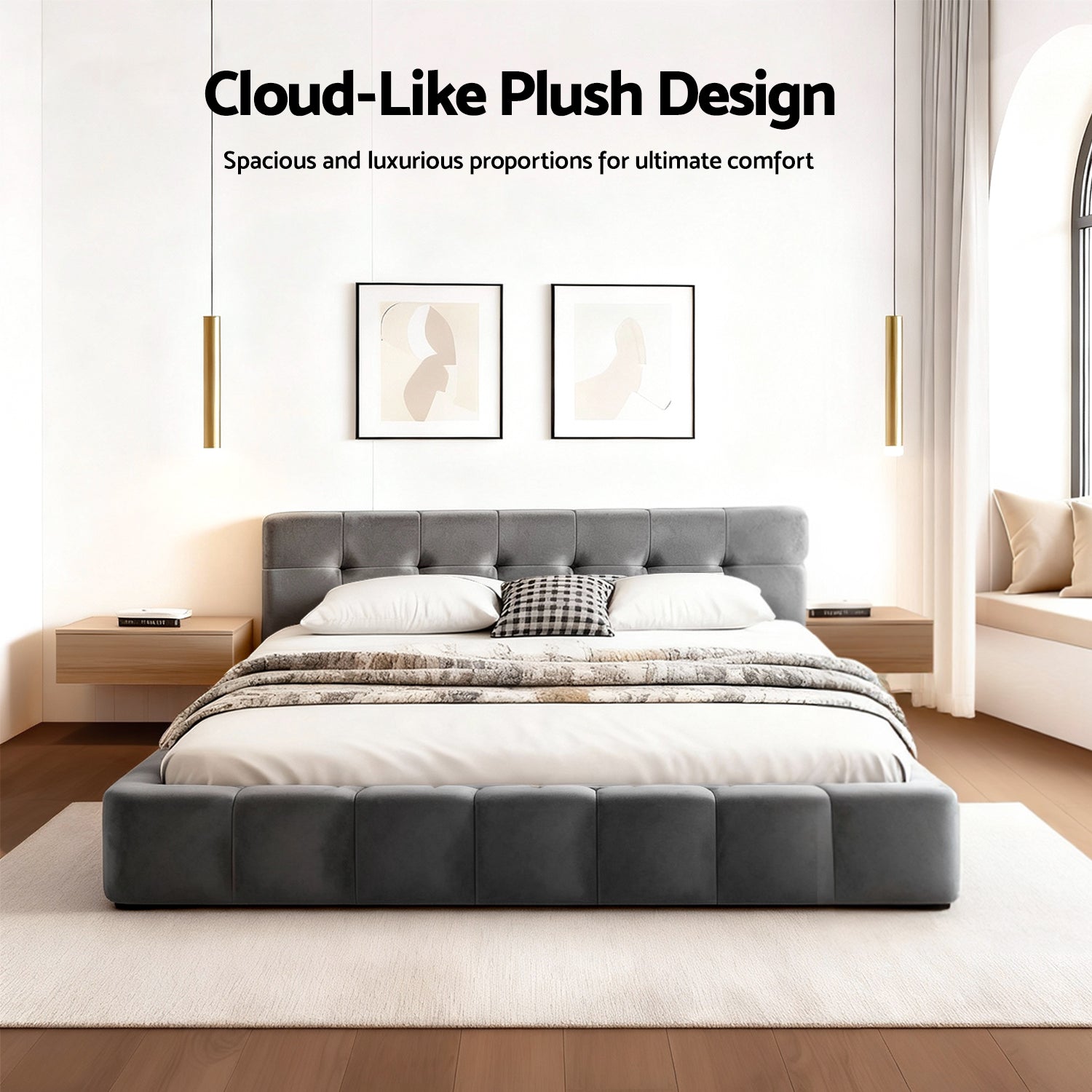 Beds & Bed Frames: Artiss Double Size Bed Frame Plush Soft Headboard Velvet Platform Base for Modern Bedrooms Grey
