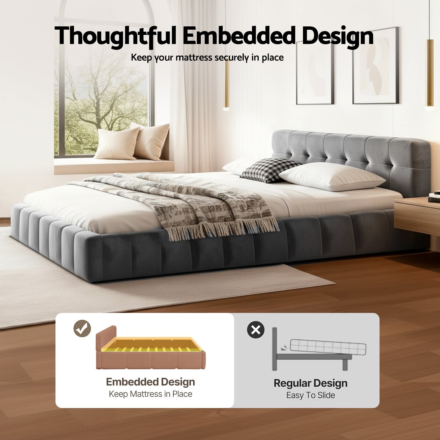Beds & Bed Frames: Artiss Double Size Bed Frame Plush Soft Headboard Velvet Platform Base for Modern Bedrooms Grey
