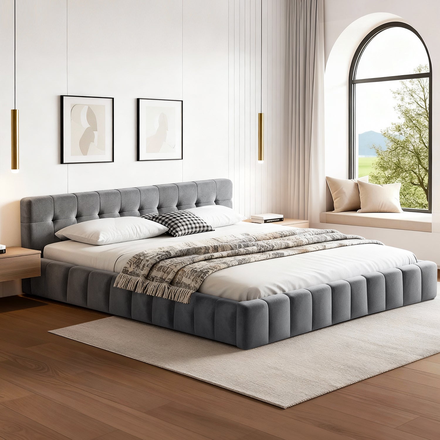 Beds & Bed Frames: Artiss King Size Bed Frame Plush Soft Headboard Velvet Platform Base for Modern Bedrooms Grey