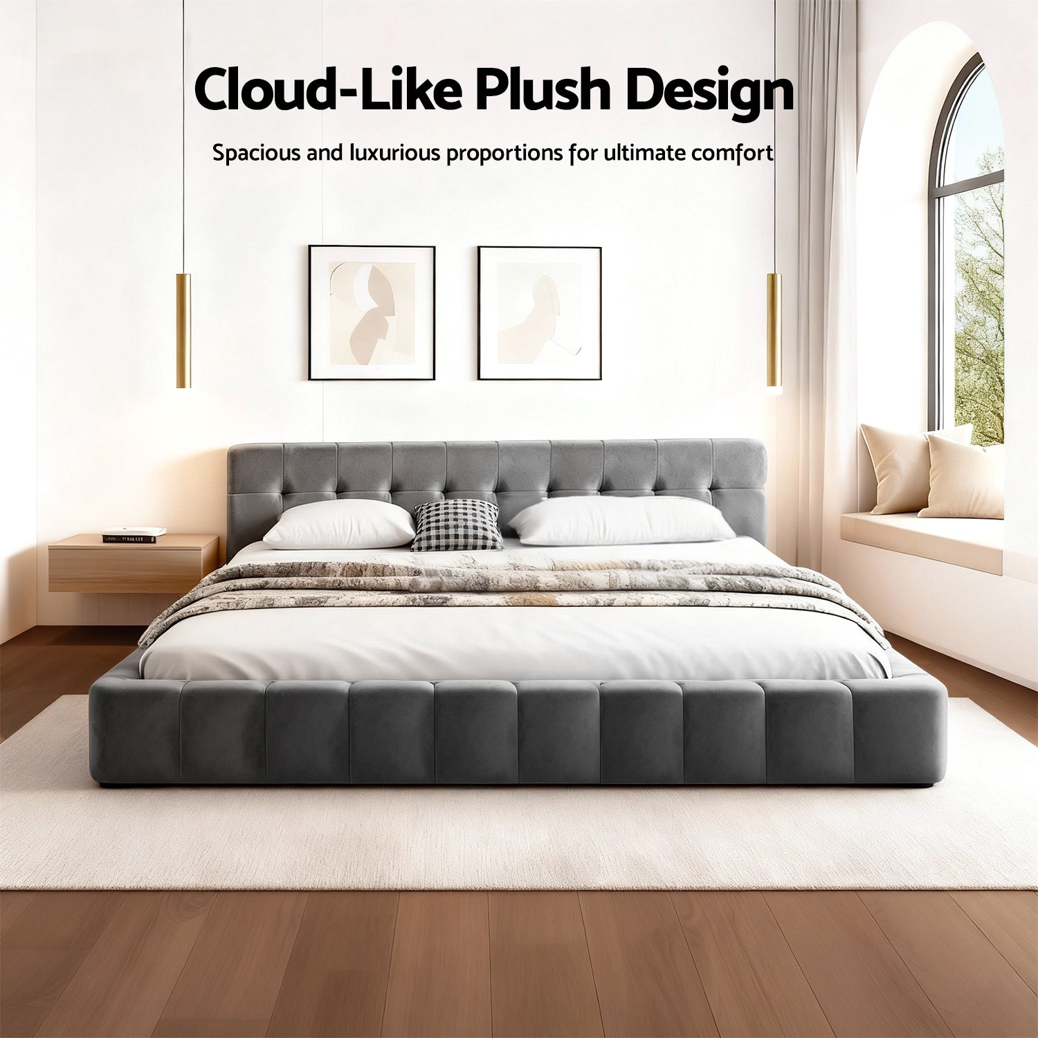 Beds & Bed Frames: Artiss King Size Bed Frame Plush Soft Headboard Velvet Platform Base for Modern Bedrooms Grey