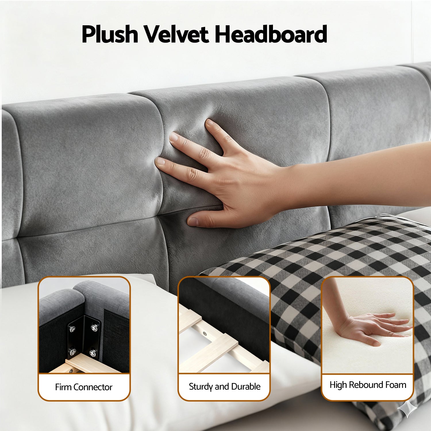 Beds & Bed Frames: Artiss King Size Bed Frame Plush Soft Headboard Velvet Platform Base for Modern Bedrooms Grey