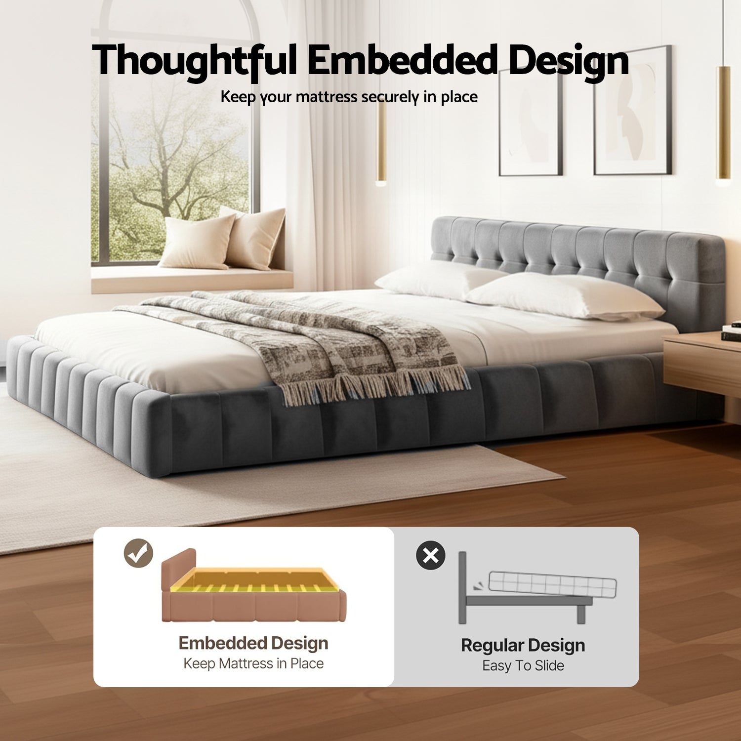 Beds & Bed Frames: Artiss King Size Bed Frame Plush Soft Headboard Velvet Platform Base for Modern Bedrooms Grey