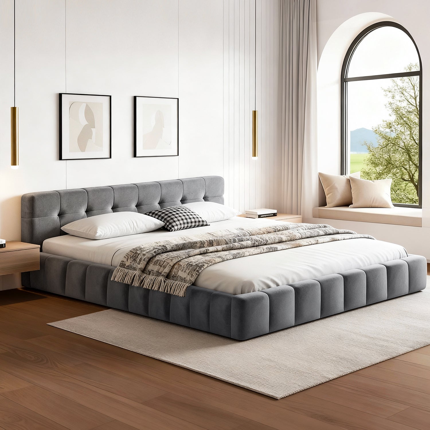 Beds & Bed Frames: Artiss Queen Size Bed Frame Plush Soft Headboard Velvet Platform Base for Modern Bedrooms Grey