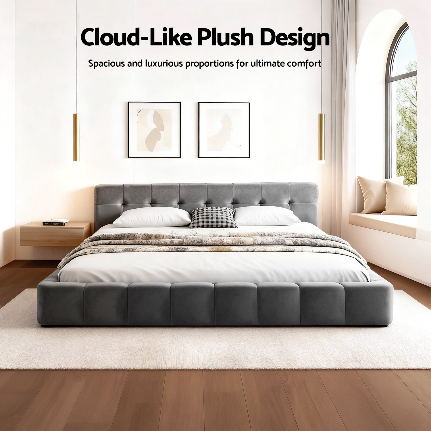 Beds & Bed Frames: Artiss Queen Size Bed Frame Plush Soft Headboard Velvet Platform Base for Modern Bedrooms Grey