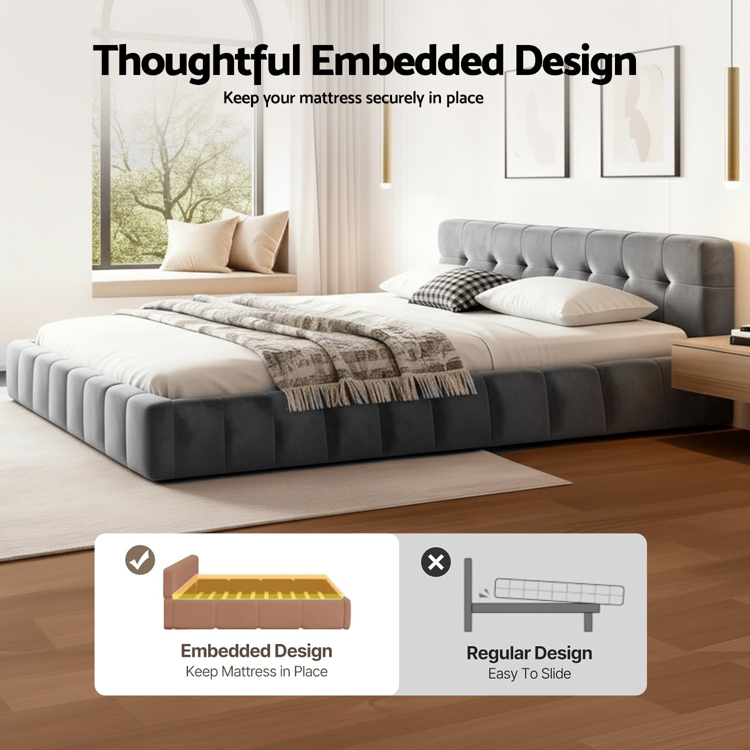 Beds & Bed Frames: Artiss Queen Size Bed Frame Plush Soft Headboard Velvet Platform Base for Modern Bedrooms Grey