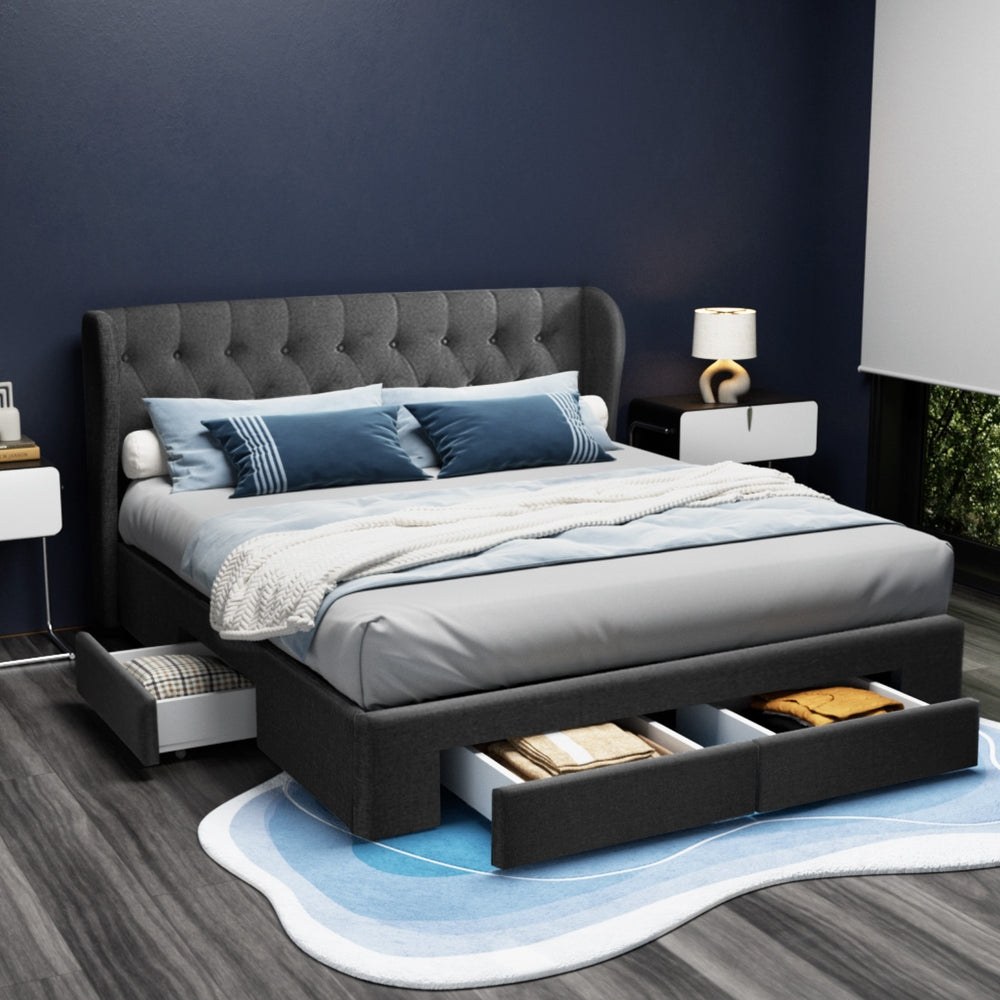 Beds & Bed Frames: Artiss Bed Frame King Size with 4 Drawers Charcoal MILA