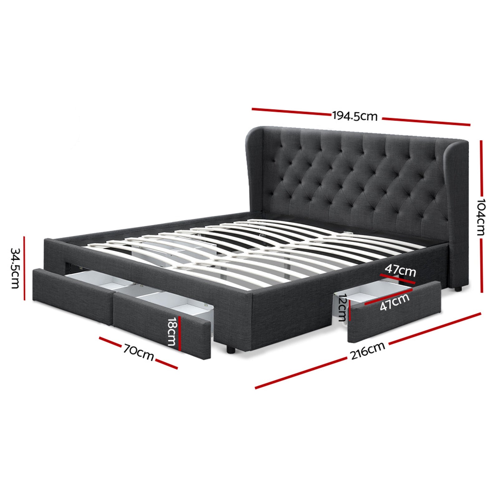 Beds & Bed Frames: Artiss Bed Frame King Size with 4 Drawers Charcoal MILA