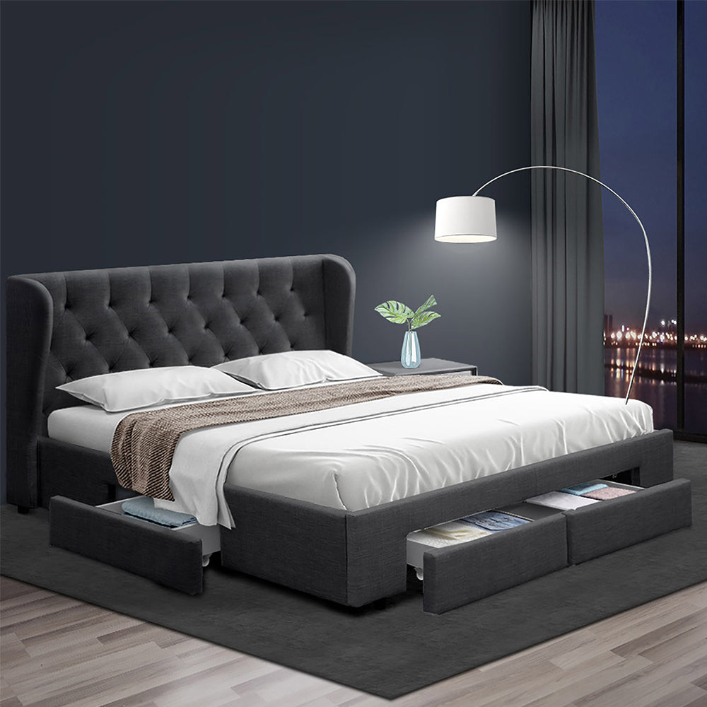 Beds & Bed Frames: Artiss Bed Frame King Size with 4 Drawers Charcoal MILA