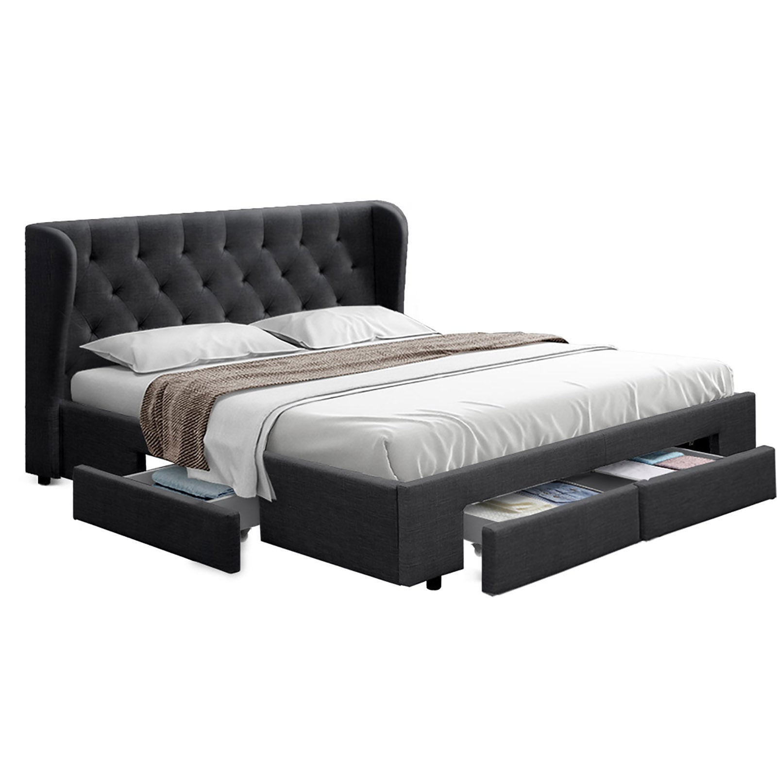 Beds & Bed Frames: Artiss Bed Frame Queen Size with 4 Drawers Charcoal MILA
