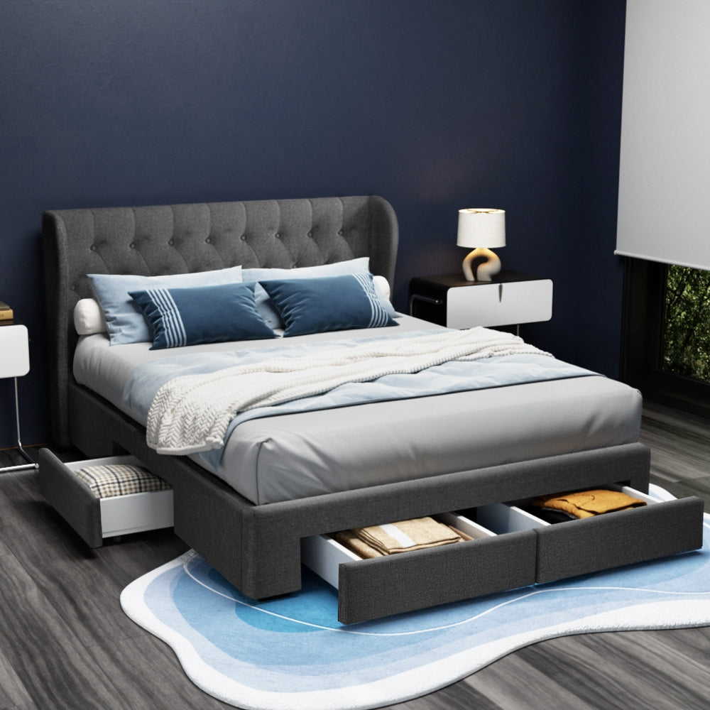 Beds & Bed Frames: Artiss Bed Frame Queen Size with 4 Drawers Charcoal MILA
