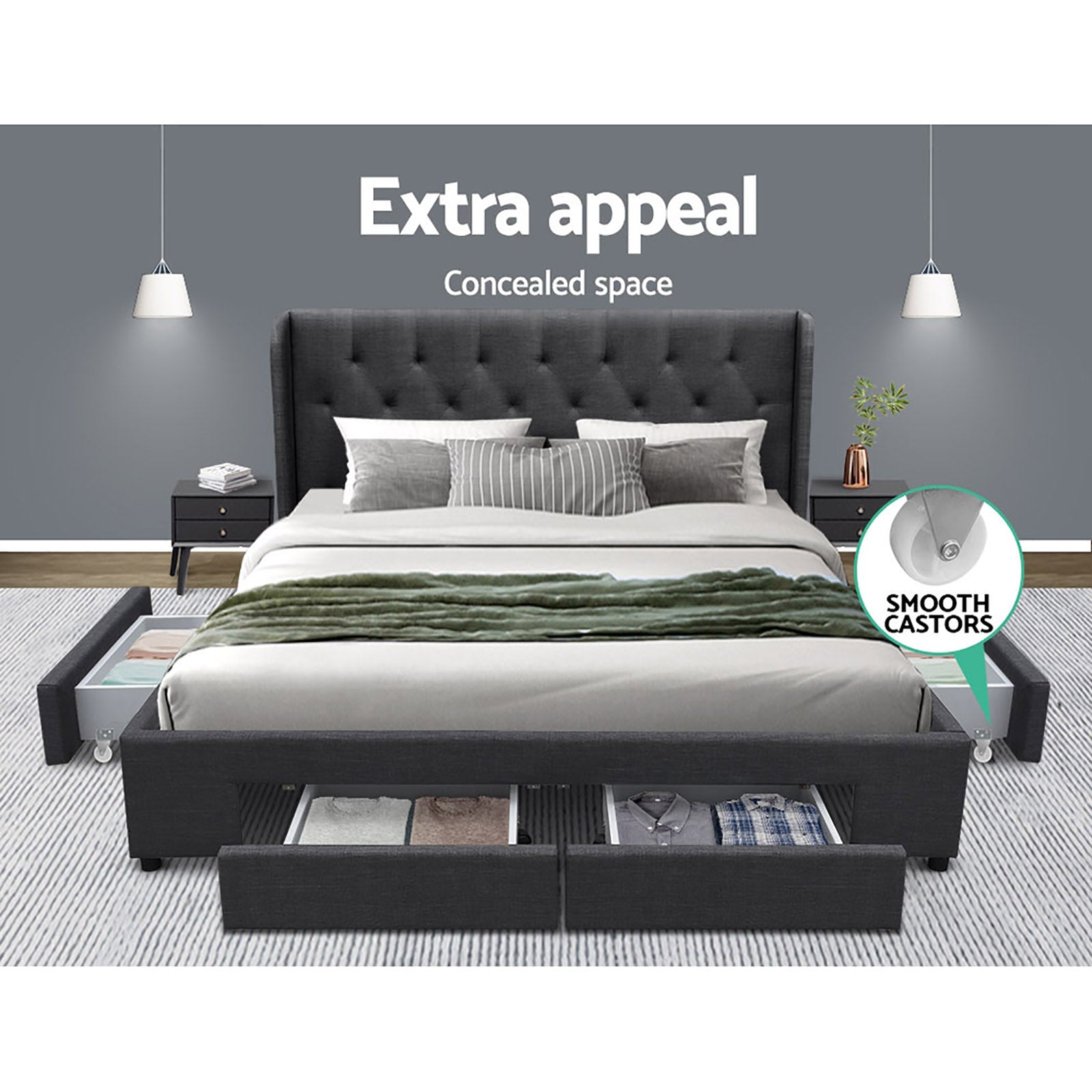 Beds & Bed Frames: Artiss Bed Frame Queen Size with 4 Drawers Charcoal MILA