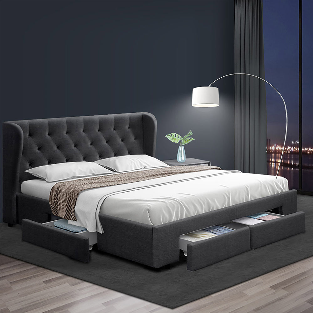 Beds & Bed Frames: Artiss Bed Frame Queen Size with 4 Drawers Charcoal MILA