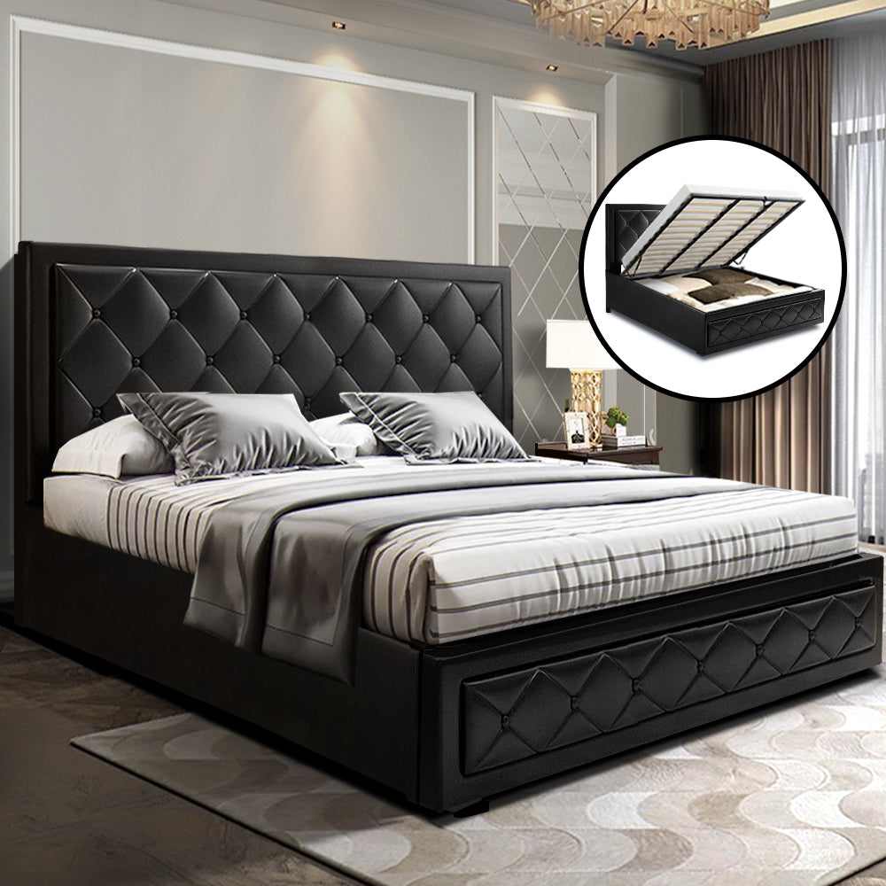 Beds & Bed Frames: Artiss Bed Frame King Size Gas Lift Black TIYO